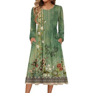Zeagoo Women Green Print Long Sleeve Flowy A-Line Boho Long Dress with Pockets